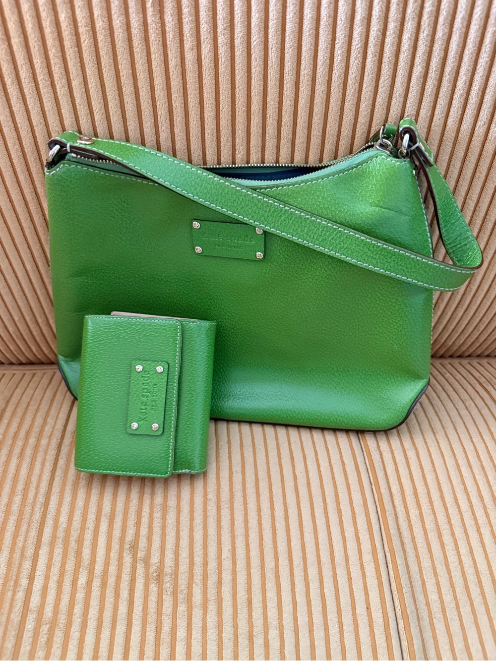 Green Leather Shoulder Bag with Matching Wallet